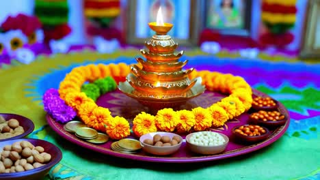 indian religious ceremony with diya and floral decorations