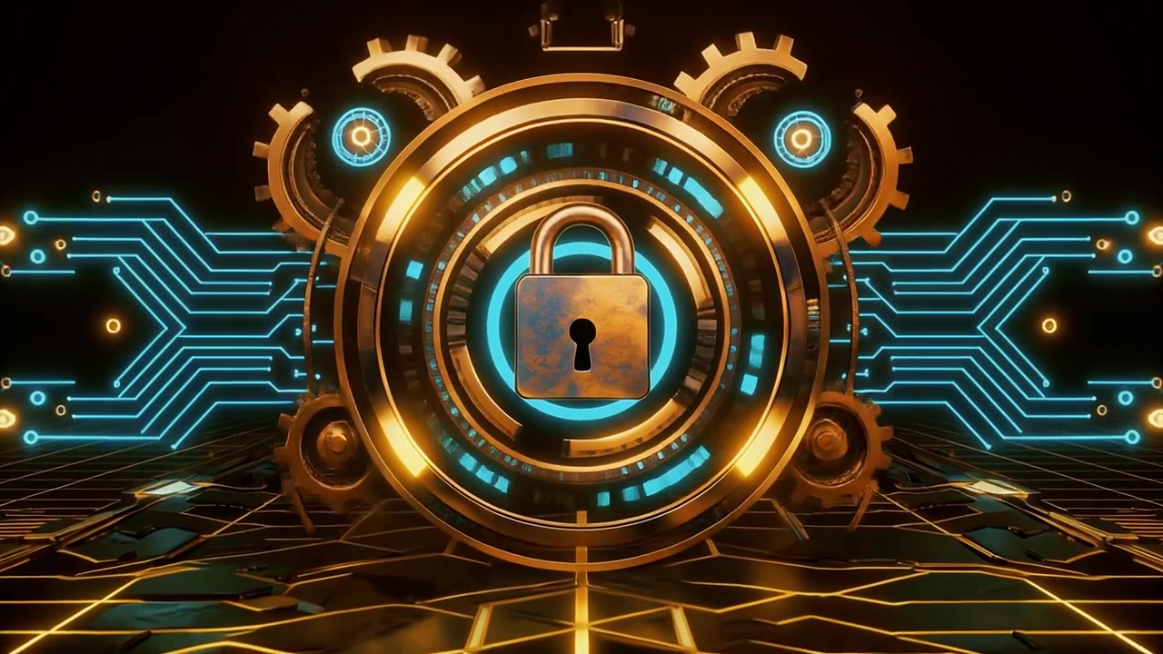 Cybersecurity Padlock on a Futuristic Digital Circuit Background