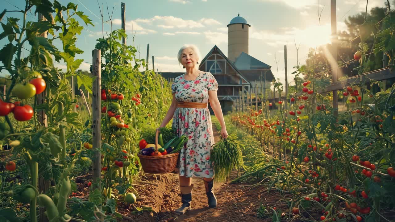 Elderly Woman Harvesting Vegetables in a Sunny Garden