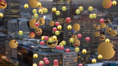 animación de varios emojis sobre el paisaje urbano