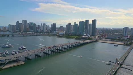 aerial forward shot of miami macarthur causeway bridge to the beach, florida, usa