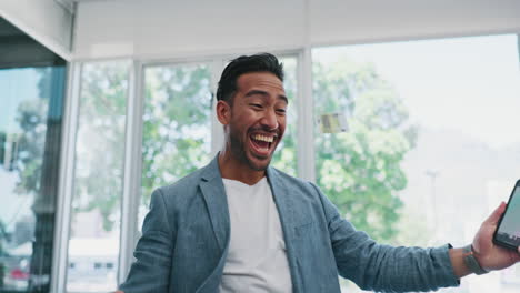 Man,-office-and-money-rain-celebration-with-phone