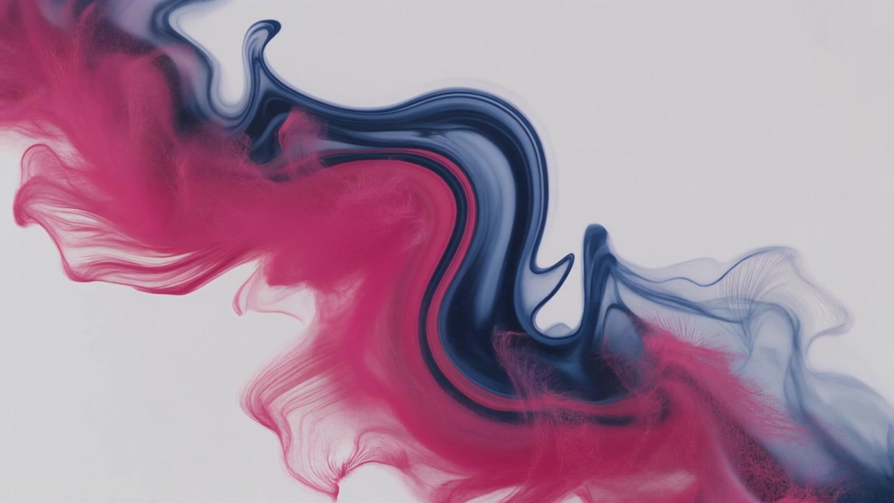 Vortici astratti di inchiostro rosa e blu in un liquido.
