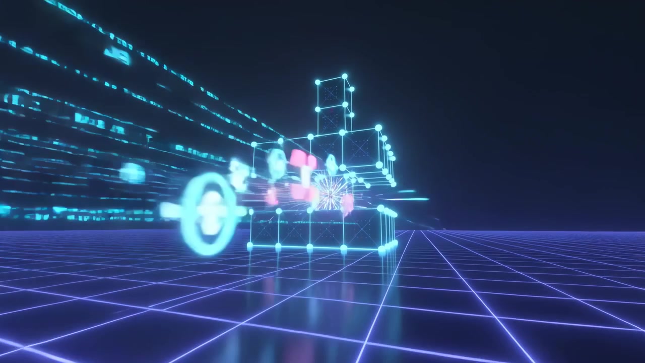 Glowing node cube pulsing as neon symbol stream striking cube on neon grid, energizing core