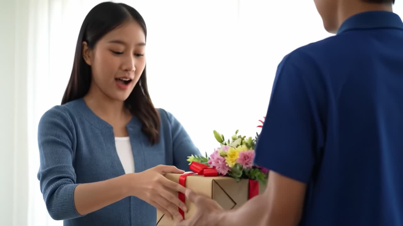 A young woman receives a beautifully wrapped gift containing flowers from a delivery person. The atmosphere feels warm and inviting as they share a friendly moment.