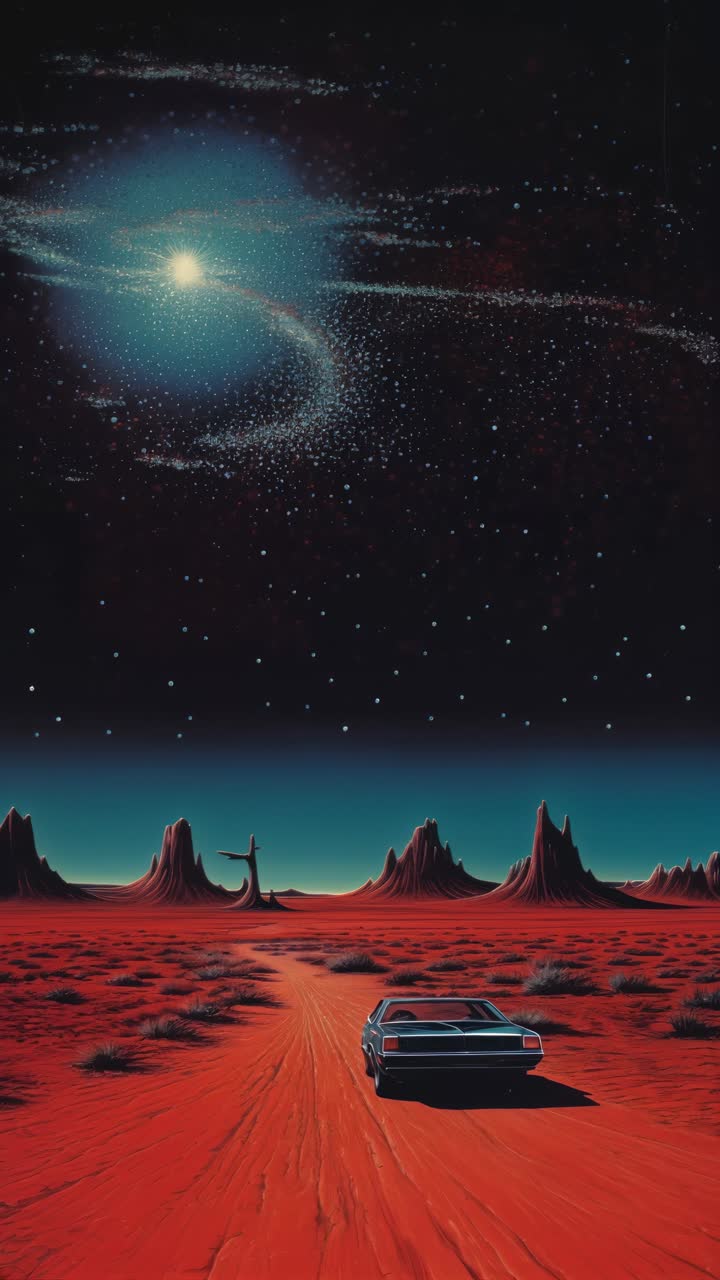 Retro-futuristic landscape with a car on a desert road under a starry sky