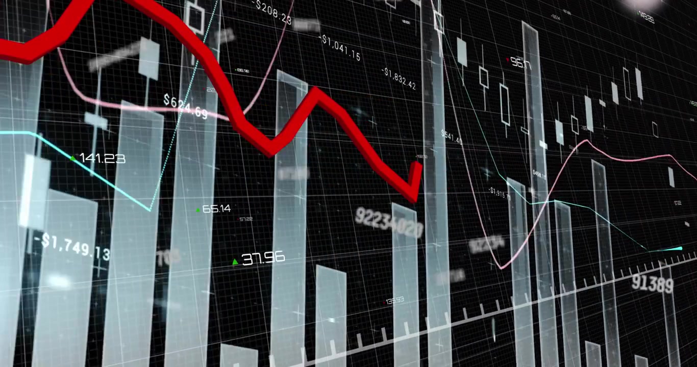 Animation of changing numbers over statistical data processing against black background