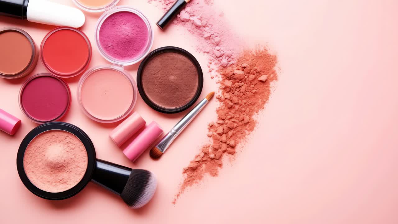Flat lay of makeup products on a pink background, featuring blushes and brushes