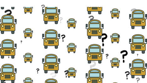 animación de iconos de autobuses escolares flotando sobre un signo de interrogación en un fondo blanco