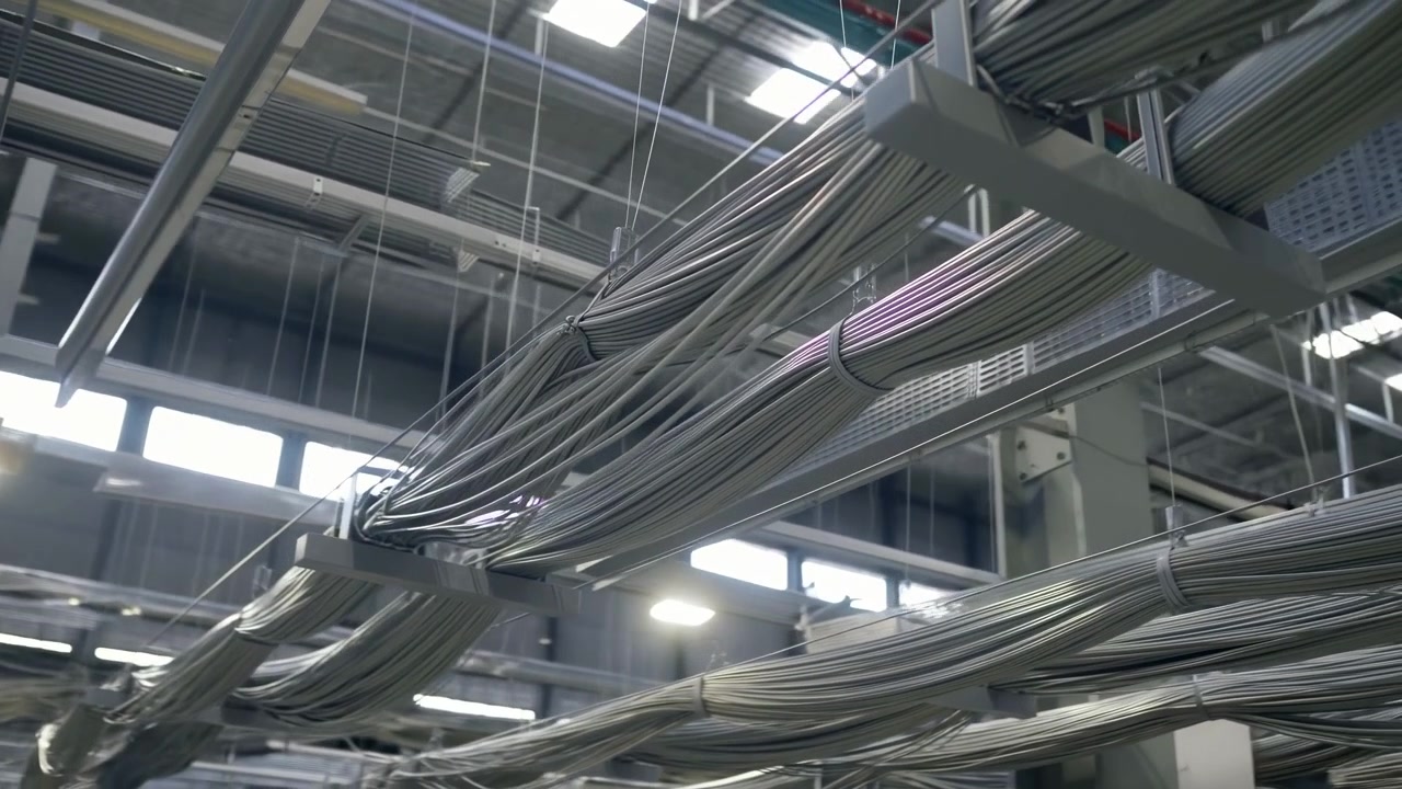 Chronological summary of infrastructure sequence showing progressive overhead routing of dense bundled electrical cables from early setup toward inspection