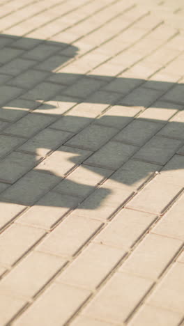 vista de la pierna de alguien con corredores grises y zapatos de lona blancos sentado, sombra proyectada en el suelo entrelazado, la sombra del individuo refleja lo que el individuo está haciendo