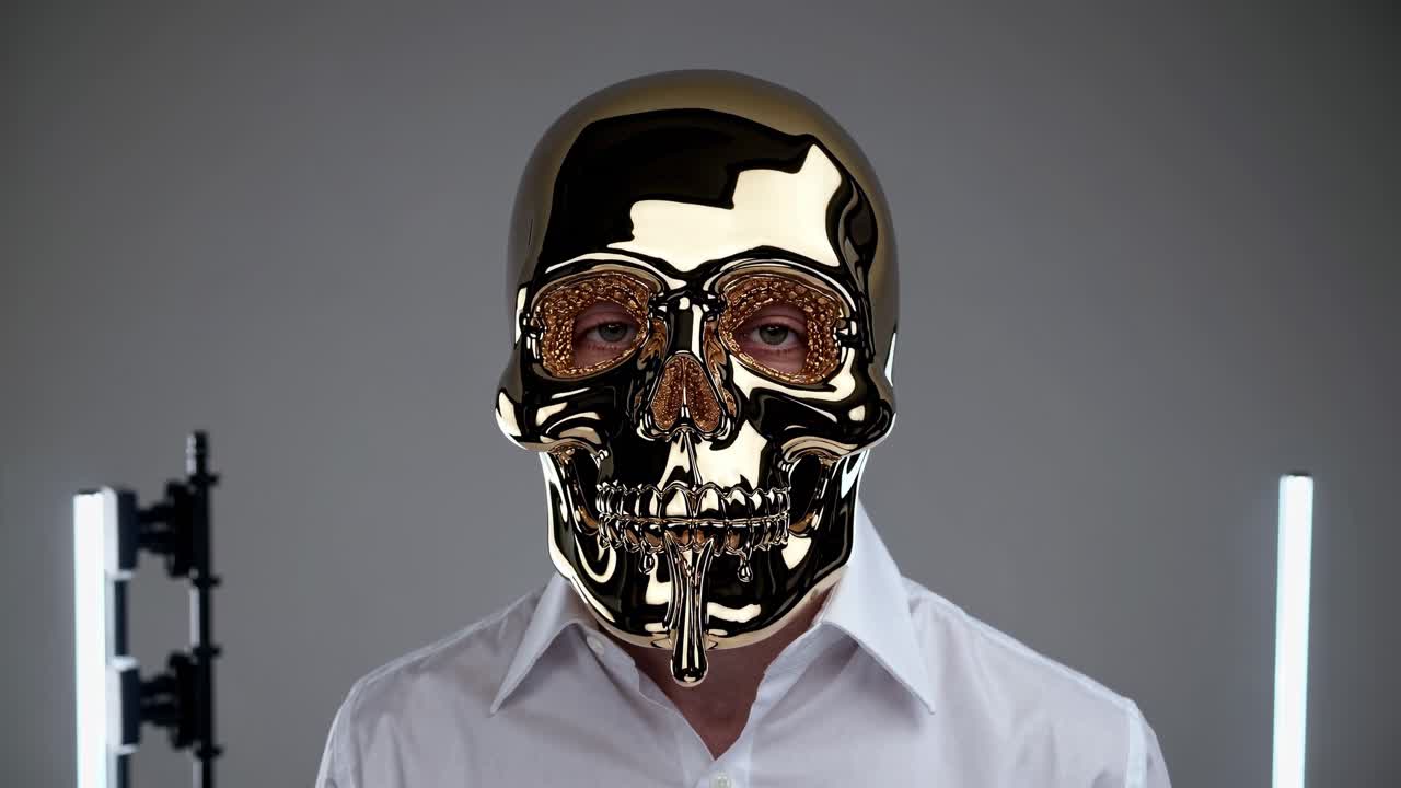 Individual wearing a reflective skull mask gazes intensely into the camera, showcasing a striking visual transformation in a minimalist studio setting