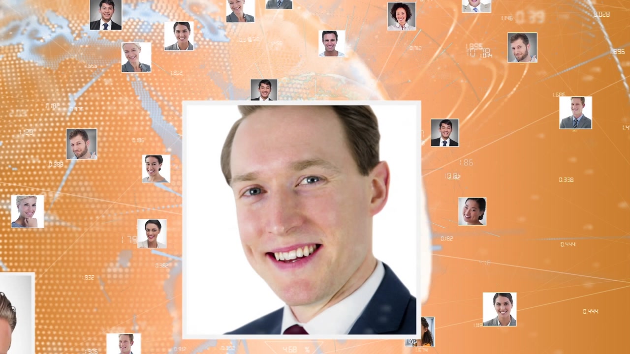 Animation of user photos, data processing and globe on orange background