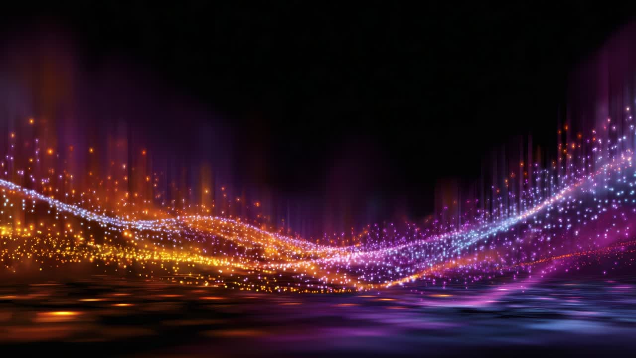 Una rappresentazione visiva ipnotica di onde colorate e luci scintillanti, che crea un'atmosfera incantevole di relax e serenità, perfetta per immagini o sfondi coinvolgenti nei media digitali