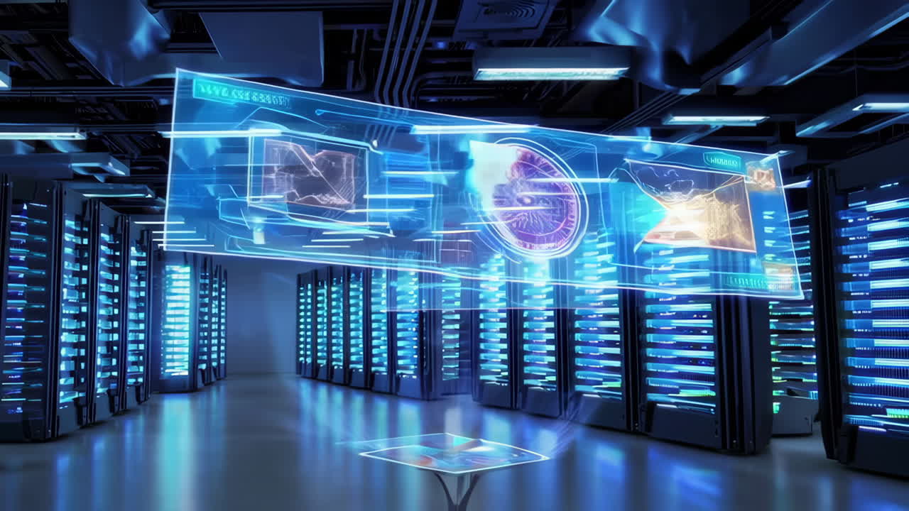 Futuristic Data Center with Holographic Displays