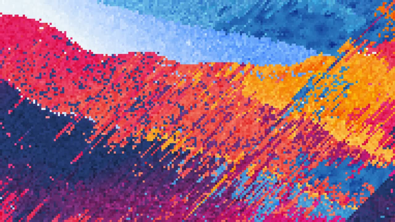 글리치 및 픽셀 정렬 효과를 가진 추상적인 픽셀 애니메이션.
