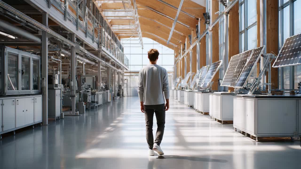 A Young Individual Walking Through a Spacious, Sunlit Environment Filled with Advanced Solar Panels, Emphasizing Sustainable Technology and Innovative Architectural Design in a Modern Facility