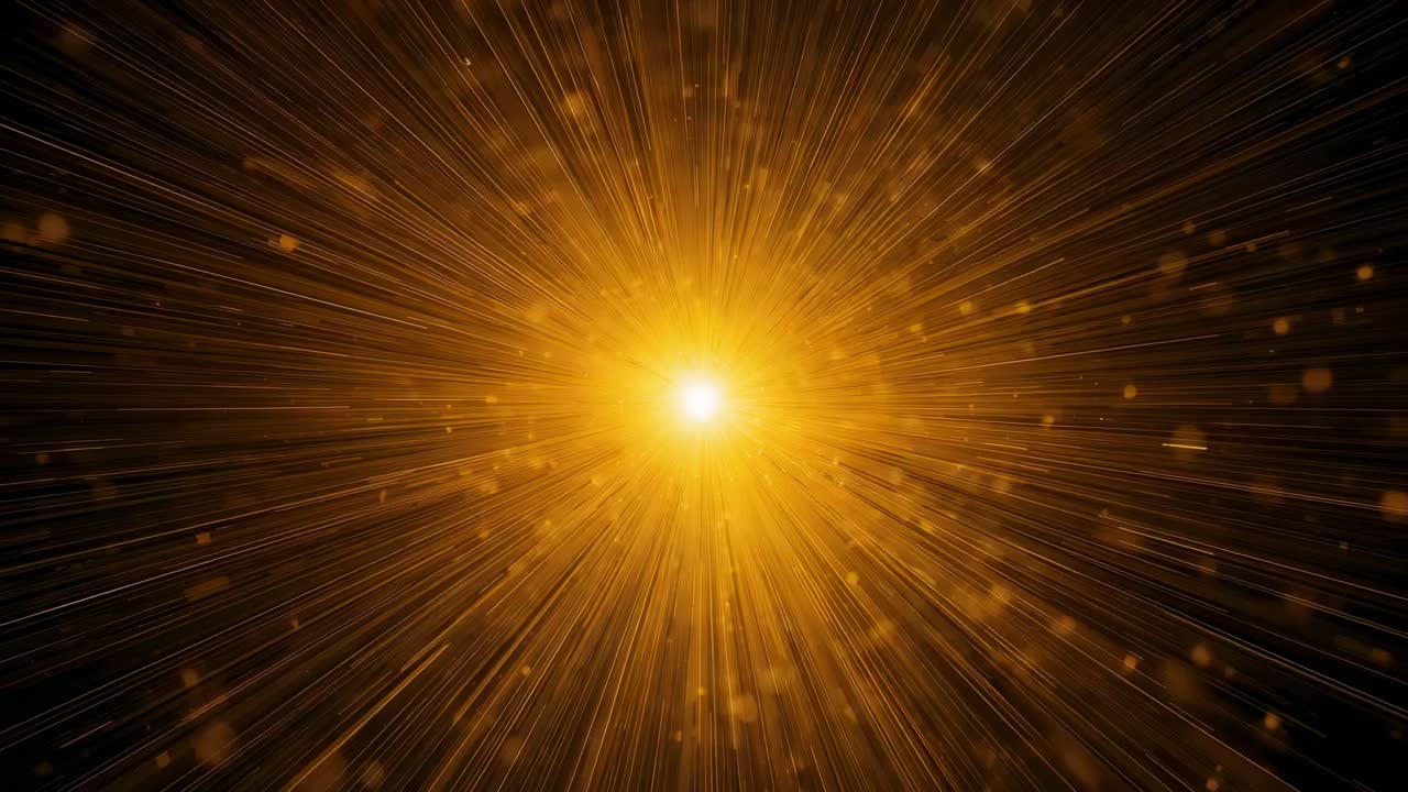 Starting sequence showing golden core sending beams in dark space, simulating burst with glow, dust