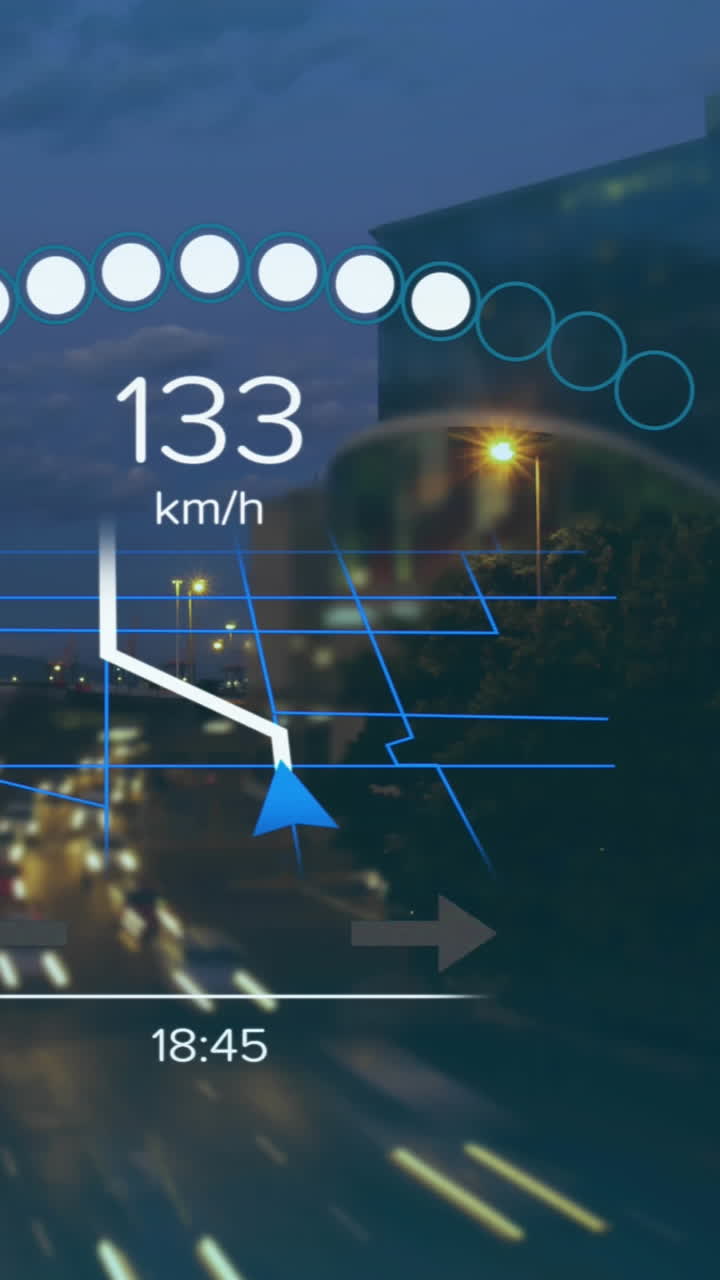 animación del velocímetro, gps y datos de carga en la interfaz, sobre el tráfico urbano acelerado por la noche