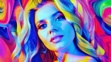 mujer con cabello rubio en un fondo colorido