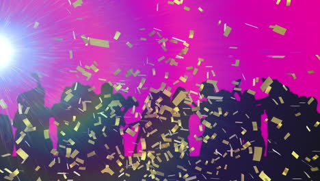 animación de confeti dorado cayendo sobre una multitud bailando con un reflector parpadeante y un fondo rosa
