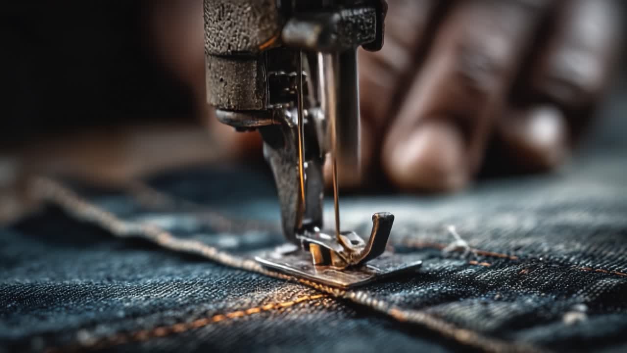 Primo piano dettagliato di una macchina da cucire in azione, che evidenzia la precisione dell'ago mentre cuce senza soluzione di continuità attraverso il tessuto denim con tecniche di infilatura intricate e artistiche.