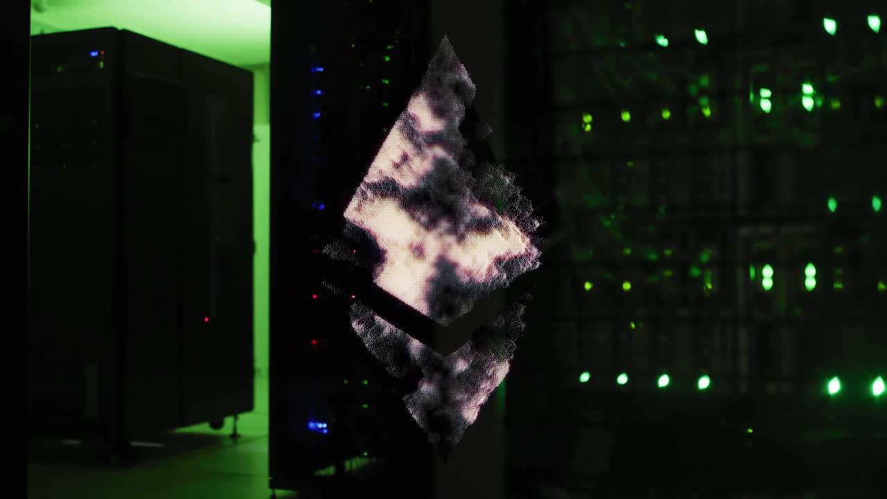 Ethereum logo animation over servers in data center