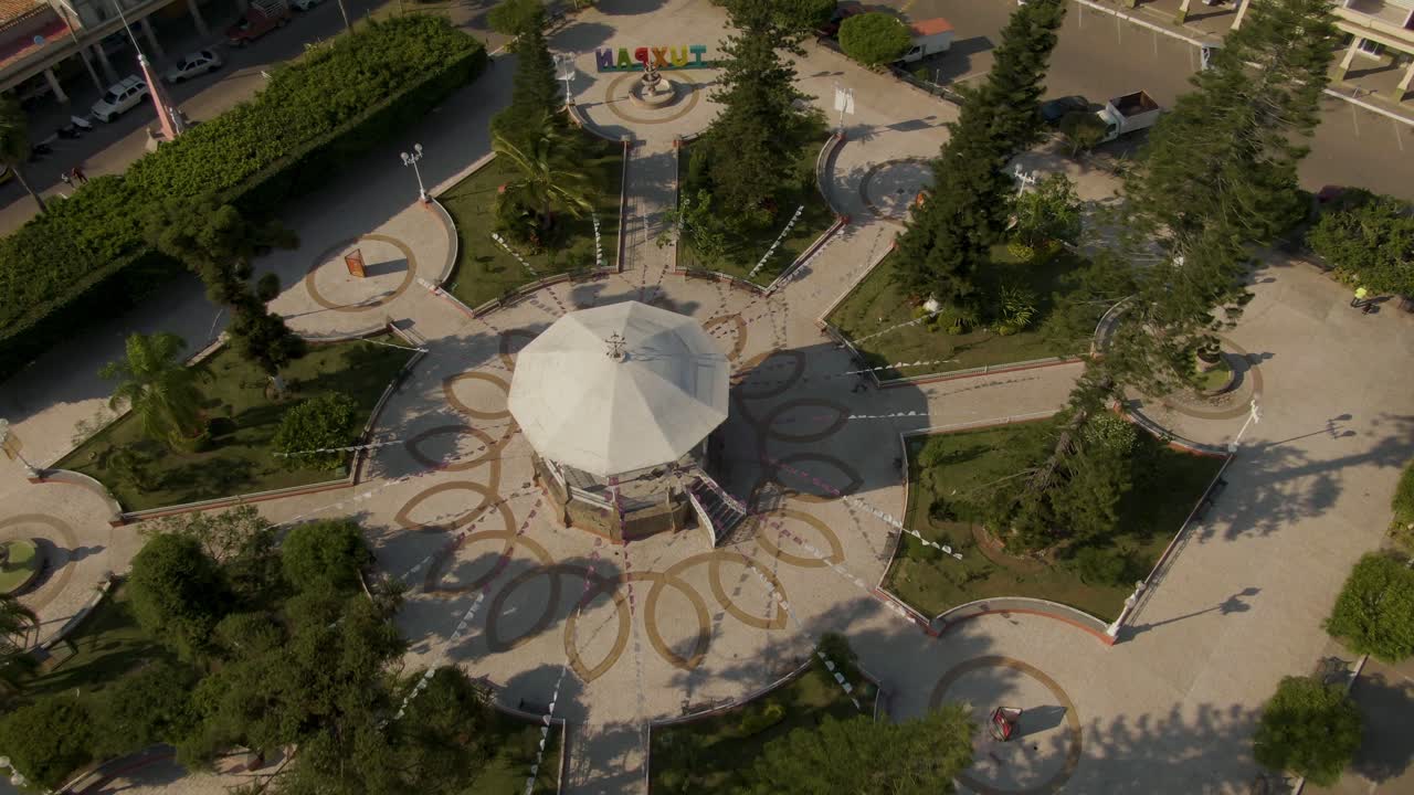 Aerial view of Tuxpan Jalisco Mexico plaza with greenery and pathways