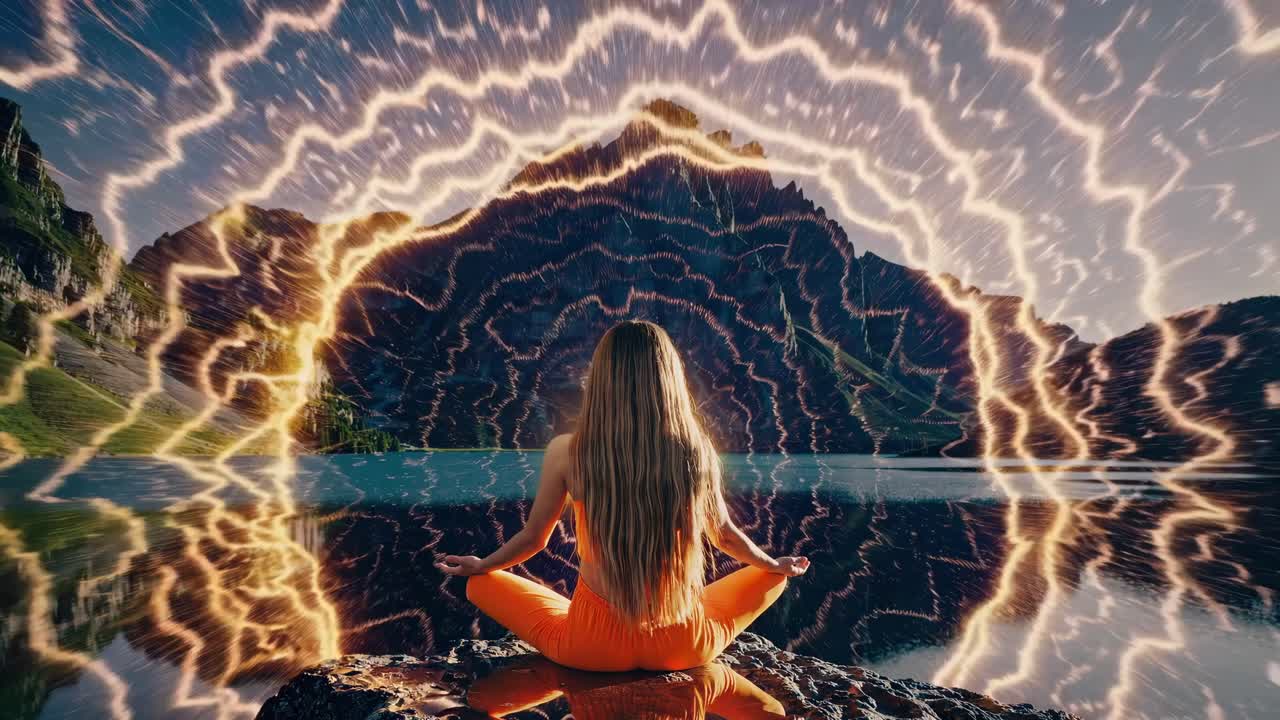 Glowing golden energy radiating around woman meditating in lotus position on rock within serene mountain lake, reflecting tranquil natural landscape and spiritual connection