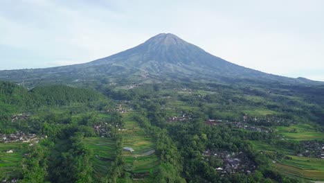 Vista-Rural-Del-Campo-De-Arroz,-El-Pueblo-Y-La-Plantación-En-Magelang-Con-El-Monte-Sumido-En-El-Fondo