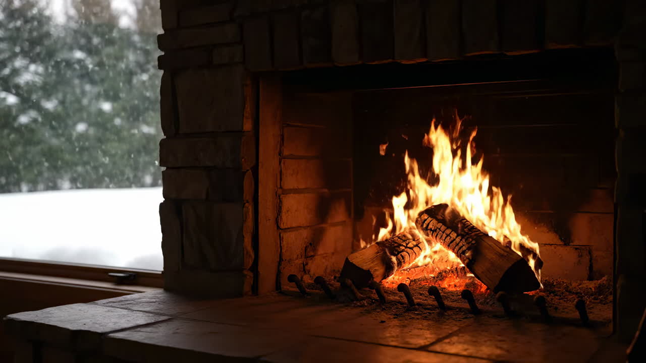 Warm fire glowing in a cozy cabin. Crackling flames dance in a stone fireplace while snow falls outside a cabin window, creating a warm atmosphere