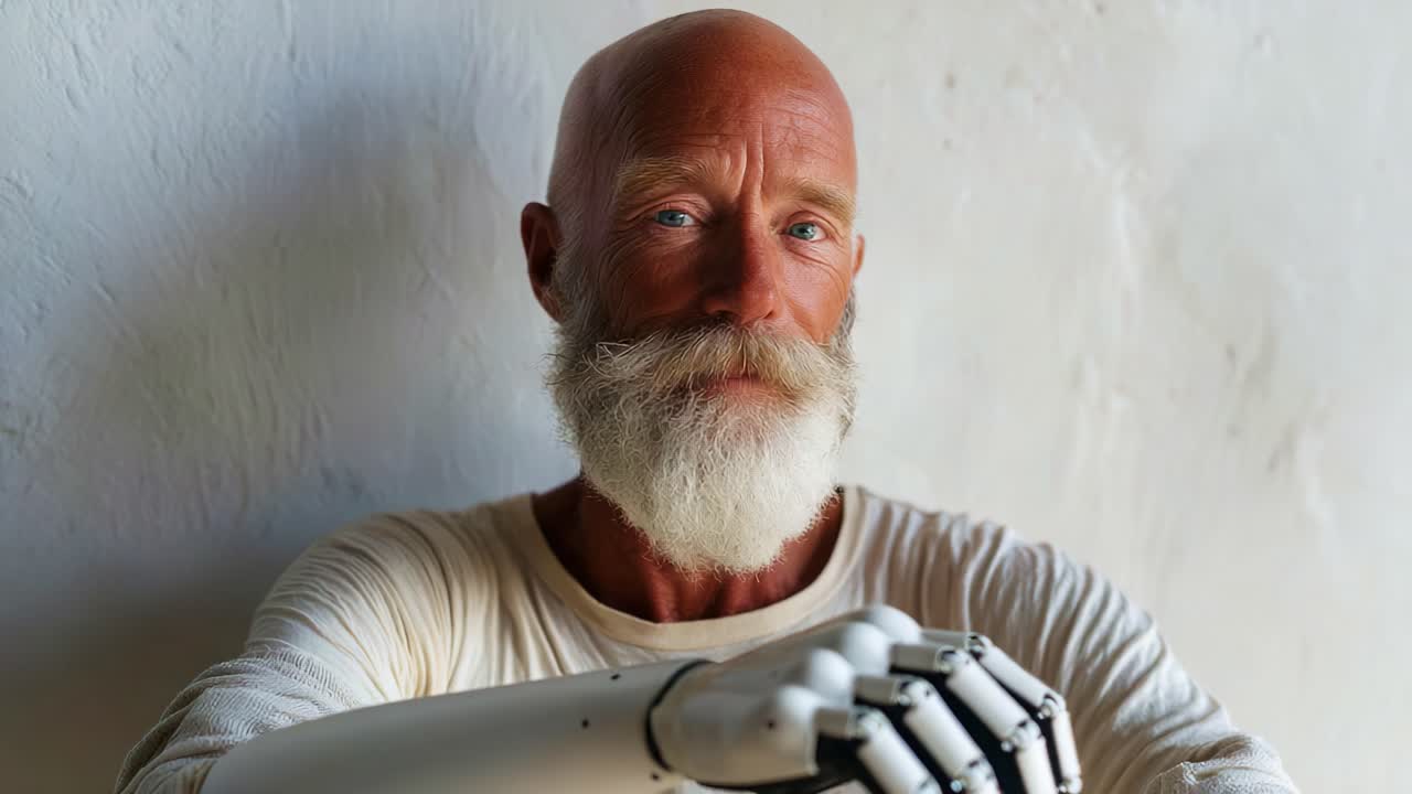 An Intriguing Encounter: A Reflective Portrait of a Man Embracing His Robotic Arm, Blending Humanity and Technology with Wisdom and Strength in a Unique Visual Narrative