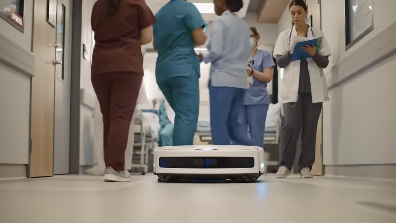 Innovative Healthcare Robot Assisting Medical Staff in Hospital Corridor, Showcasing the Integration of Technology in Patient Care and Hospital Operations