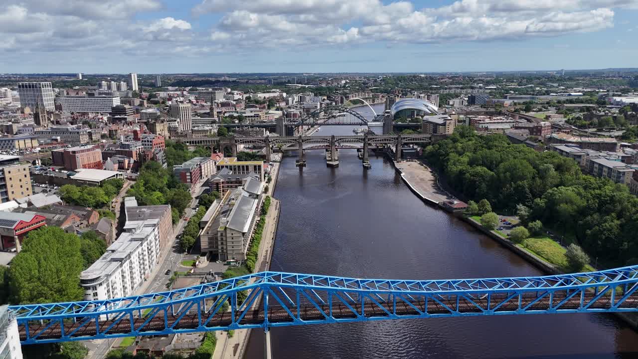 Drone Aerial View Footage Newcastle Upon Tyne City Tyneside Geordie North East England UK Gateshead Bridge