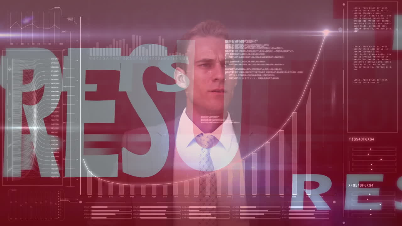 анимация обработки данных над результатами текста и кавказского бизнесмена.