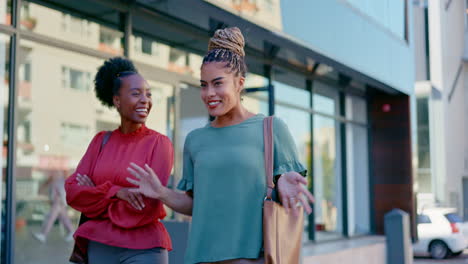 black woman, friends and walking in city
