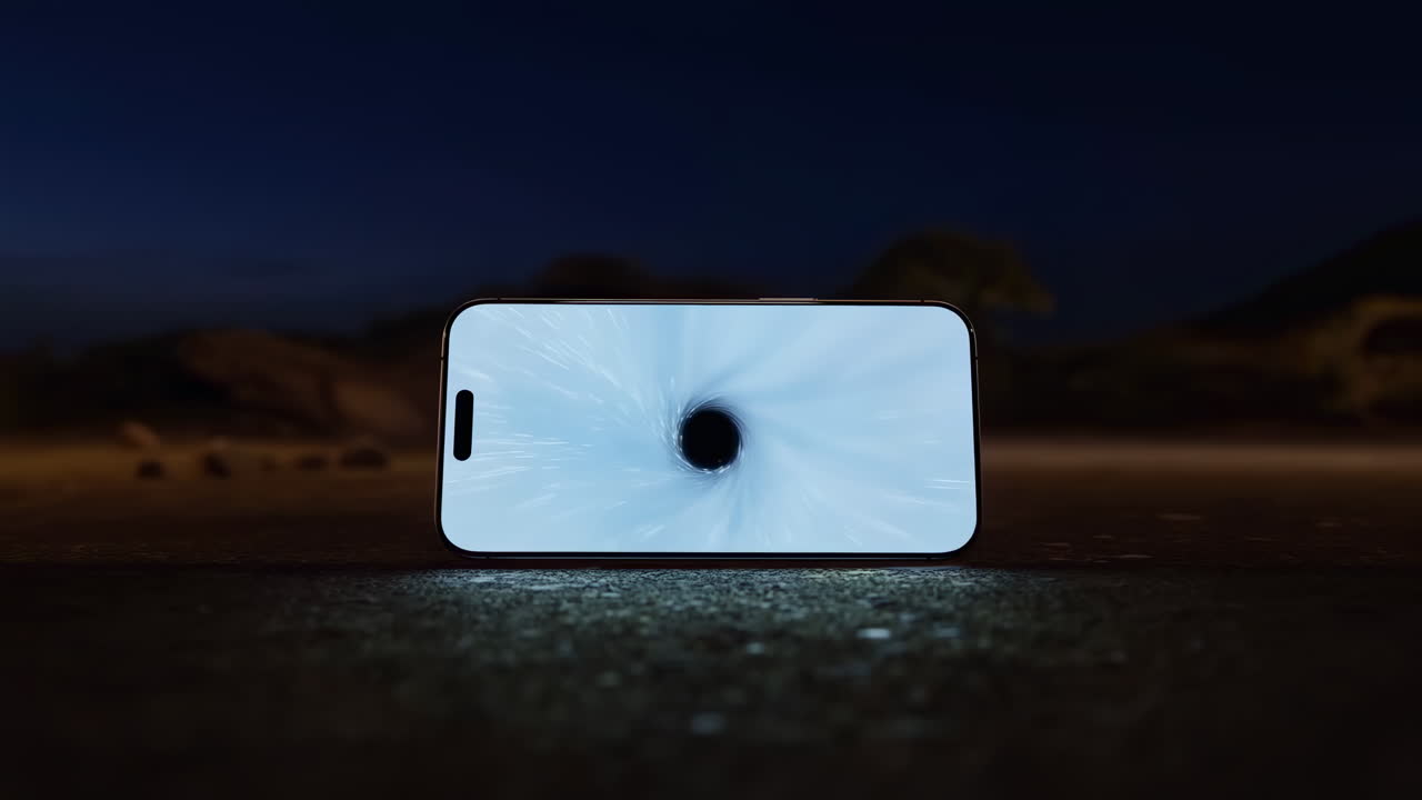 Smartphone Displaying Abstract Black Hole Animation on Dark Surface