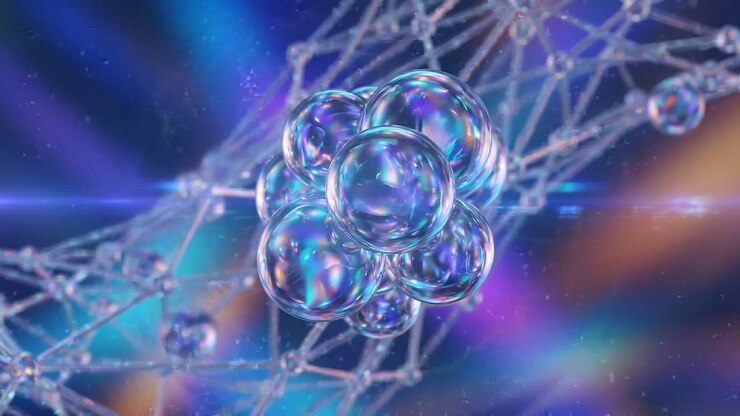 Abstract 3D Animation of Iridescent Spheres Merging into a Molecular Structure