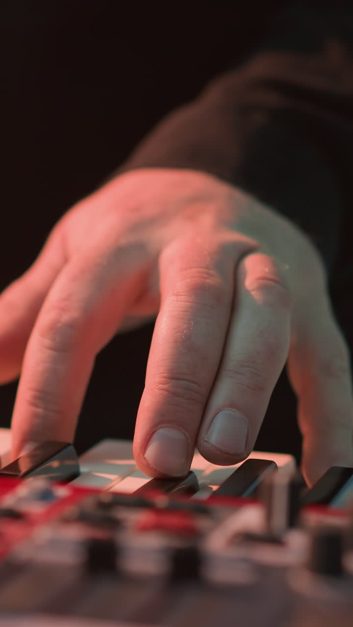 tecladista sin rostro tocando un piano sampler rojo contra un fondo azul. el primer plano hace hincapié en las manos del músico en las teclas mientras la cámara hace zoom