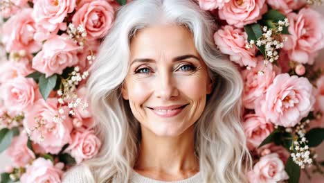 smiling senior woman with pink roses
