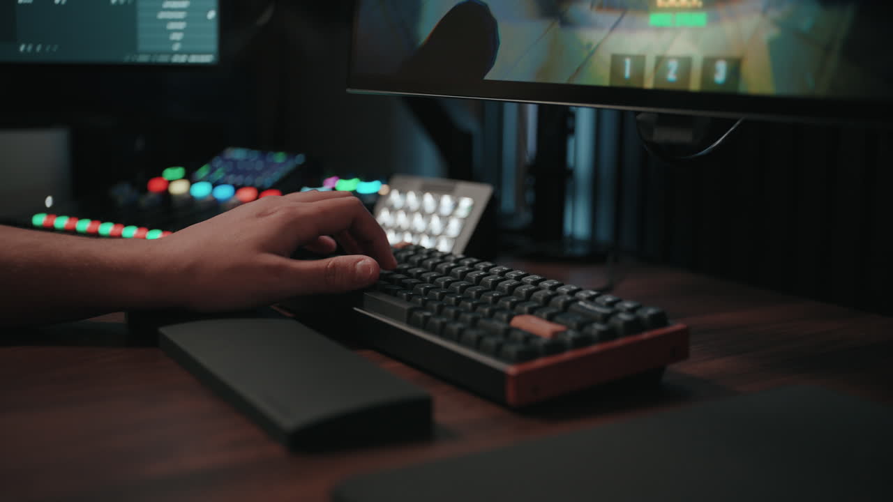 Person working on a computer in a dark room