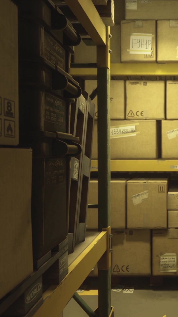 Storage area with stacked boxes and shelves during evening hours
