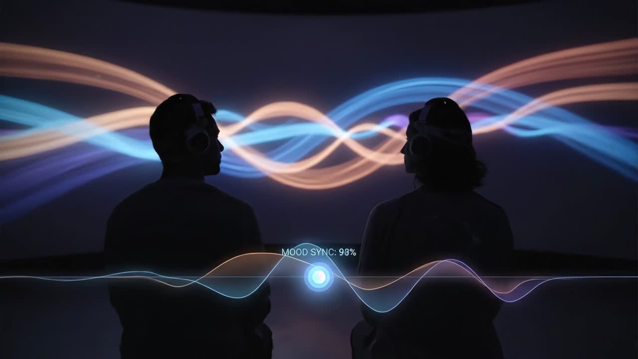 Two People in Headphones Experiencing Digital Mood Sync Technology