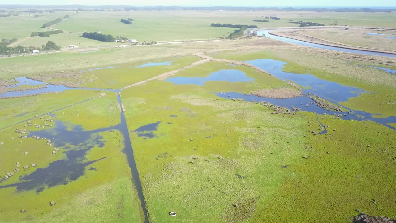 Aerial view over flooded agricultural fields at Tarwin Lower, Victoria, Australia