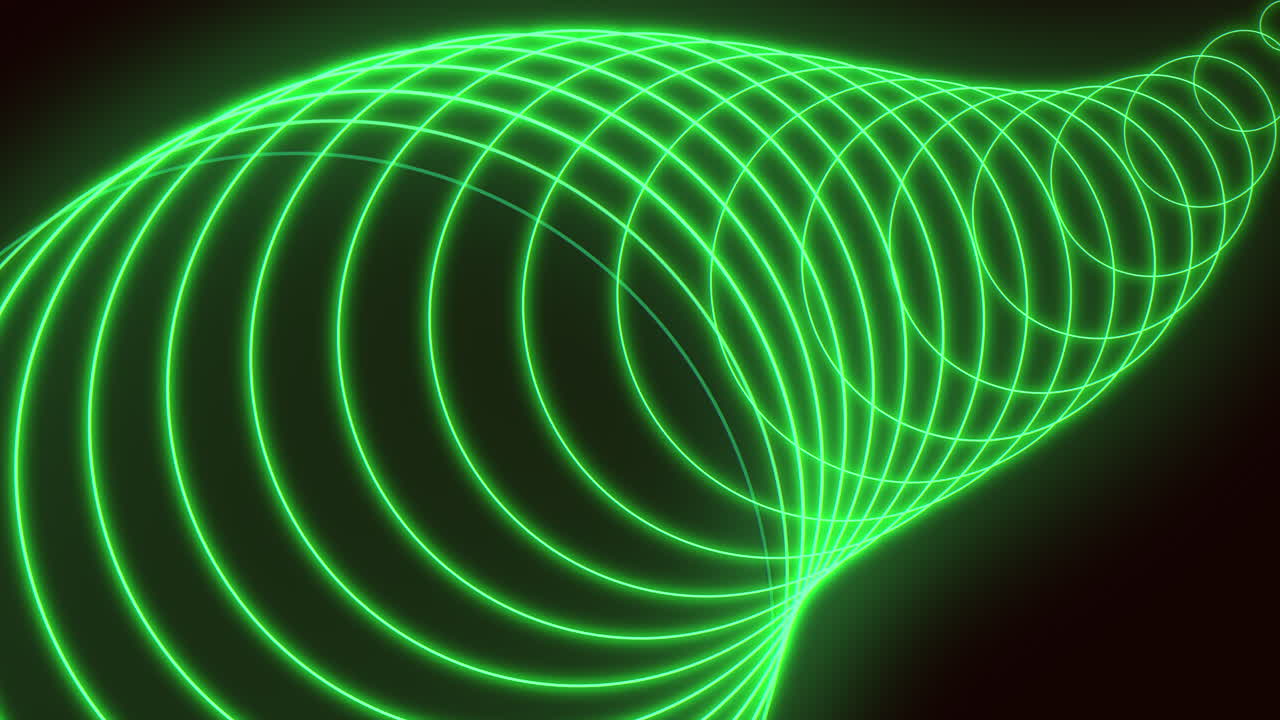 Abstract glowing green neon wireframe tunnel with grid lines and circular rings, futuristic sci fi technology background for data flow, cyberspace and energy concepts