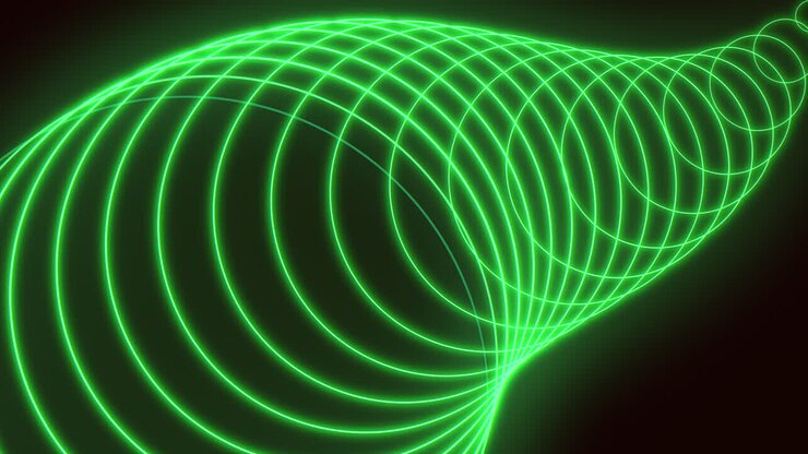 Abstract glowing green neon wireframe tunnel with grid lines and circular rings, futuristic sci fi technology background for data flow, cyberspace and energy concepts
