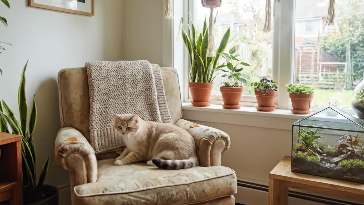 Gato se acomoda em poltrona em uma casa clara e cheia de plantas