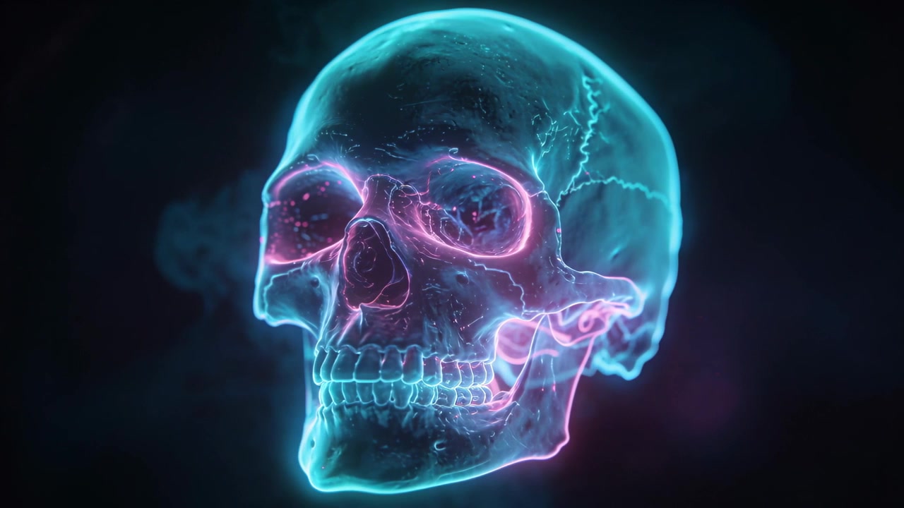 Avvio riproduzione: cranio dal guscio ciano che ruota verso destra in un vuoto oscuro, con filamenti pulsanti che ne delineano l'anatomia.