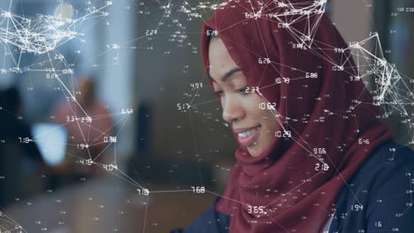 red de conexiones y puntos de datos animación sobre mujer en hijab trabajando
