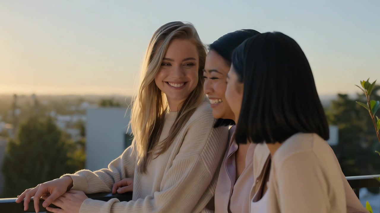 Tres mujeres sonrientes con suéteres riendo en la barandilla metálica de un balcón mientras el atardecer calienta sus rostros, planta.